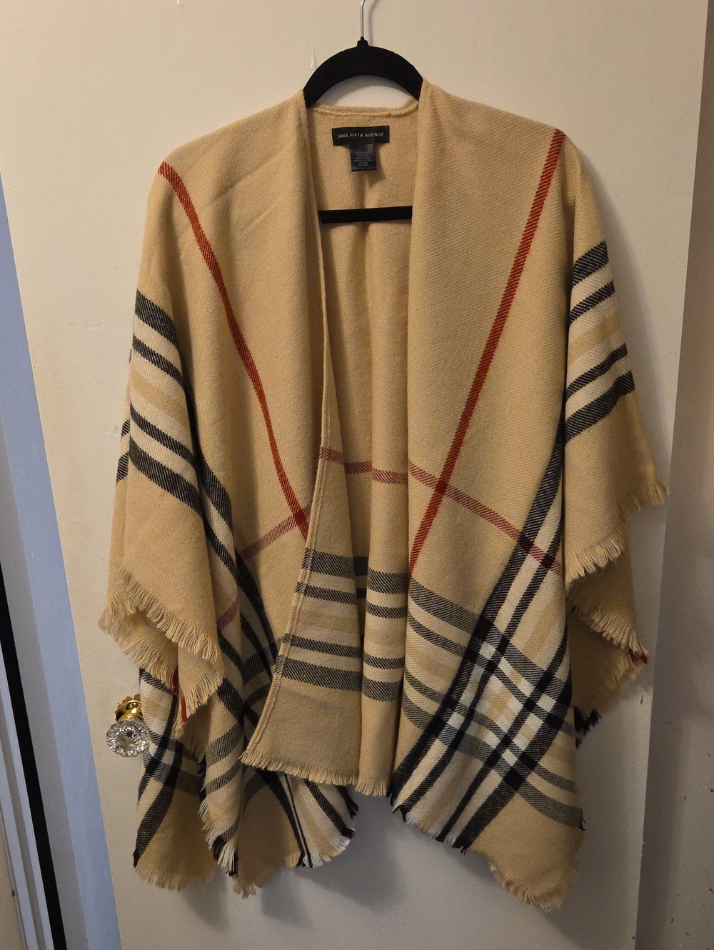 Saks Fifth Avenue Beige Plaid Cape with Black & Red Accents